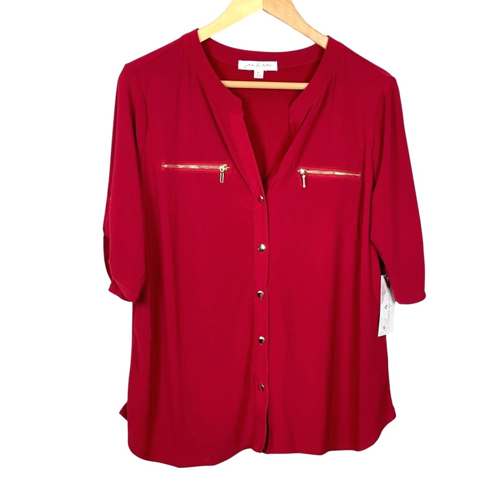 Joie de Vivre Women Red Button Front Roll Tab Sleeve Zipper Blouse XL 7134M03AV - Picture 2 of 12